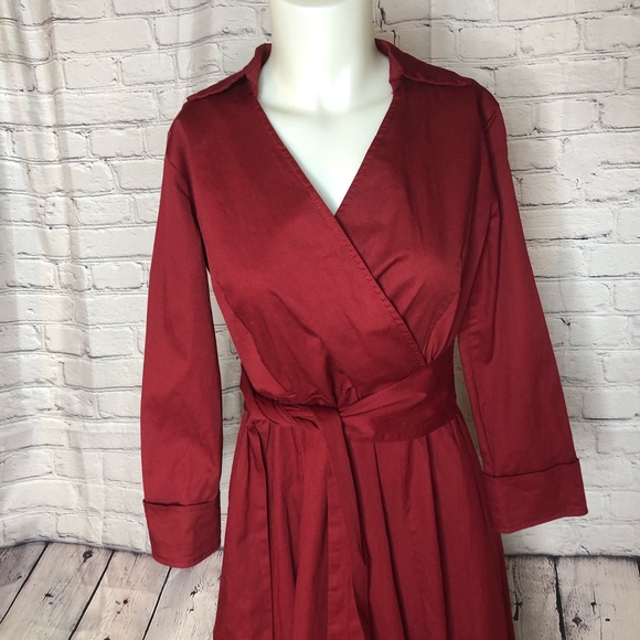 Red long sleeve a line dress w/ criss cross front - Picture 3 of 16